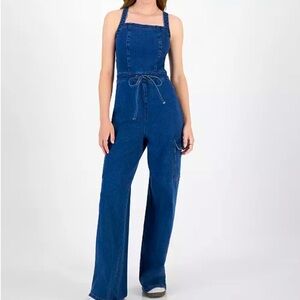 Tinseltown Juniors' Denim Wide-Leg Cargo Jumpsuit